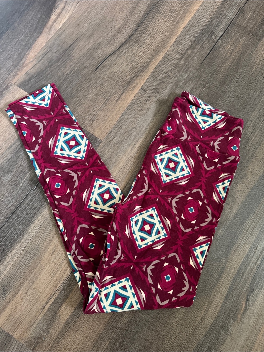 LuLaRoe Aztec  Print Leggings - Burgundy Teal OS